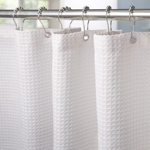 Waffel Duschvorhang mit Metall Duschvorhangringe Stoff Textil Badewannenvorhang Anti Schimmel Bad Vorhang Set Wasserdicht Badewanne Vorhang Schwerer Shower Curtain Badezimmer - 275 x 182cm (Weiß)
