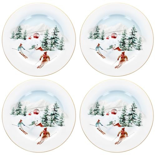 MamboCat Chalet 4er Set Kuchenteller mit Geschenkkarton I Ø 19,2cm I winterliche Porzellan-Frühstücksteller für 4 Personen mit Ski- & Alpen-Dekor I Service für Salat, Dessert & Co