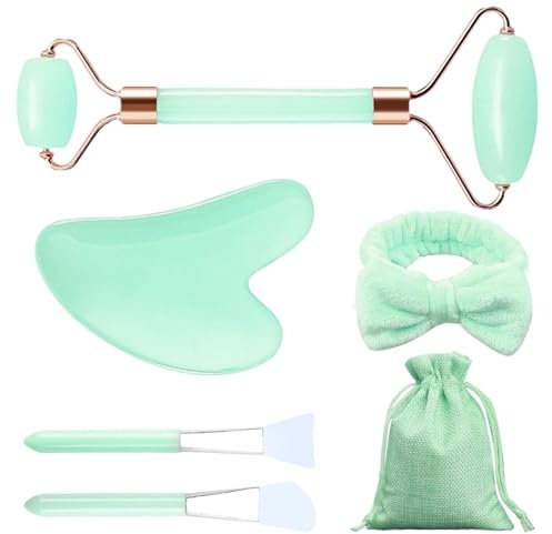 Nujvnuj 6 Stück Jade Gua Sha Stein Set Gesichtsroller Beauty Massager für Hautstraffung Jade Roller Massage Set für Anti-Aging-Falten, Reduces Eye Puffiness(Grün)