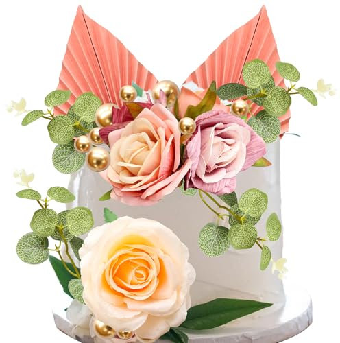 Gyufise 22Pcs Rose Artificial Flower Leaves Cake Topper Decorations Gold Balloon Cake Toppers Leaf Paper Palm Fan Cake Picks for DIY Wedding Birthday Valentine's Day Party Decorations Supplies Pink