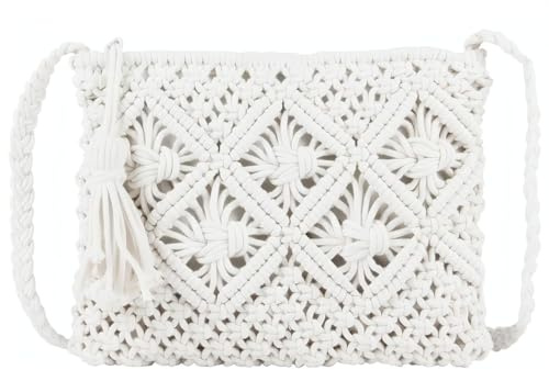 EnjoyThink White Women Handmade Cross Body Bags, Summer Beach Straw Bag | Crossbody Bag, Shoulder Purse Holiday Messenger Bags, Small Clutch Woven Cotton Mobile Phone Wallet Organizer