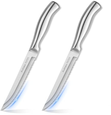 Ruffulon Steak Knife,2 PCS,Serrated,Stainless Steel,Ergonomic Handle,Silver | Steak Knives,Sharp Kitchen Knives,Multipurpose Dinner Knives,High-Carbon Blade,Rust-Proof,Durable,Nonstick,Dishwasher Safe