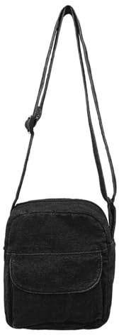 [Psdndeww] Lässige Umhängetasche aus gewaschenem Denim, japanische kleine Reise-Schultertasche mit verstellbarem Riemen für Damen und Herren, Schwarz