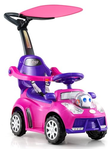 DREAMADE Kinder Rutschauto, 3 in 1 Schiebeauto mit abnehmbarem Verdeck, Sicherheitsgurt & Stauraum, Kinderfahrzeug mit Hupe, Musik & Licht, Rutschfahrzeug für Kinder ab 1 Jahr (Rosa)