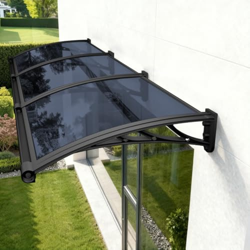Vordach für Haustür, Überdachung Haustür mit Waschbecken aus Aluminium fur Markisen Fenster Türen Außenbereiche UV- Regen- Schnee- Sonnenschutz,Schwarz Platte-Grau PC Halterung 60x160cm