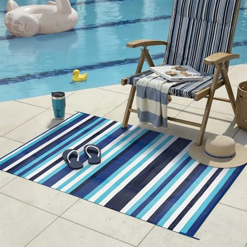 PureCozy Wetterfest Outdoor Teppich, Wendbarer Balkon Camping Teppiche 120x180cm, Leichtgewicht Outdoorteppich Carpet rutschfest für Garten Balkon Camping Terrassen, Blau