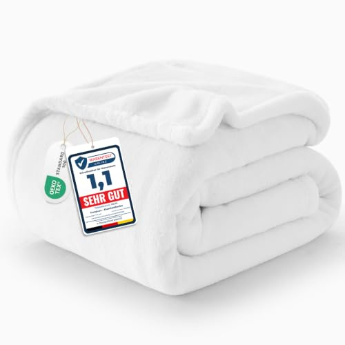 CozyLux Kuscheldecke Flauschig Decke 230x270 cm Weiß | OEKO-TEX 100, 260 g/m² XXL Große Flanell Sofa Decke für Frauen, Geschenke zum Geburtstag für Mama, warme Deko für das Zuhause