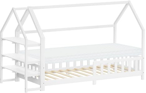 ML-Design Kinderbett Hausbett 90x200 cm mit Matratze H:10cm, Rausfallschutz, Regal, Dach & Lattenrost, Weiß, Bettgestell aus Kiefernholz, Montessori Bodenbett, Jugendbett Holzbett für Mädchen & Jungen