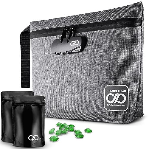 HELMET HEAD Smell Proof Bag with Combination Lock + Grinder Card | Durable Water Repellent Smell Proof Pouch Medicine Lock Box Stash Box for Your Herbs & Smelly Accessories (New Gray)