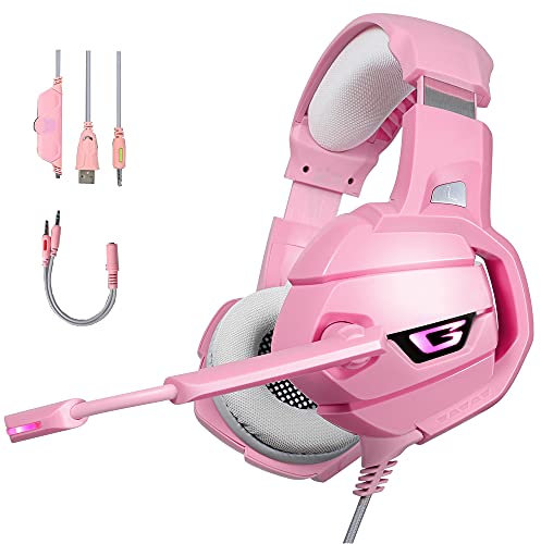 Hoopond K5 Gli auricolari stereo surround da 3,5 mm, la cuffia con per l'illuminazione a LED, con microfono per smartphone, PC, PS4 e altri dispositivi di gioco, possono ridurre il rumore (ROSA).