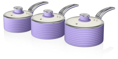 Swan Retro SWPS3020PURN Batería Cocina 3 Cazos 16 18 20cm, 3 Tapas Vidrio, Aluminio Prensado 3mm, Inducción, Antiadherente Cerámica libre PFOA y PTFE, Apta para todas las Cocinas, Vintage, Morado