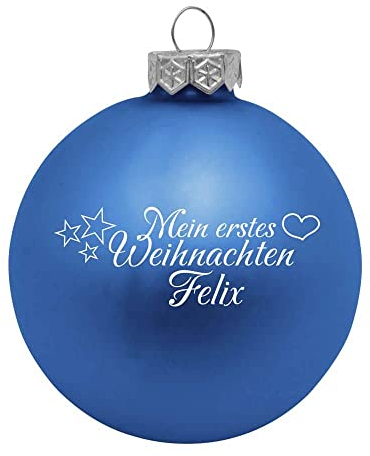 Deitert Weihnachtskugel mit Wunschtext Gravur, Ø 8cm, personalisierte Christbaumkugel aus Glas (matt), Individueller Weihnachtsbaumschmuck Namen oder Spruch, Mein erstes Weihnachten, blau