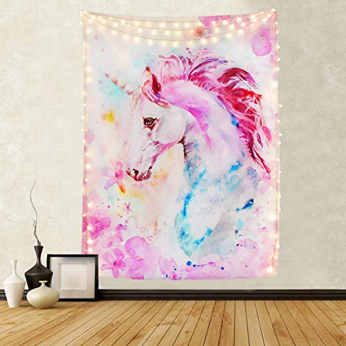 YISUMEI Pinker Einhorn-Wandteppich, Hippie-Kunst-Wandteppich für Schlafzimmer, ästhetischer Aquarelldruck, Wandbehang für Raumdekoration, M / 130 x 150 cm