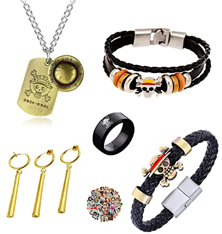 YouU 27 Stück One P. Cosplay Schmuck Zorro Ohrringe Luffy Halskette Anhänger Schlüsselanhänger PU Leder Armreif Skelett Armband Skelett Ring Anime Aufkleber (Ohrringe kein Piercing erforderlich)