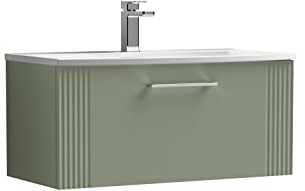 nuie DPF896G Deco Modern Bathroom Wall Hung 1 Drawer Part Fluted Vanity Basin Unit with Curved Ceramic Basin, 800mm, Satin Green