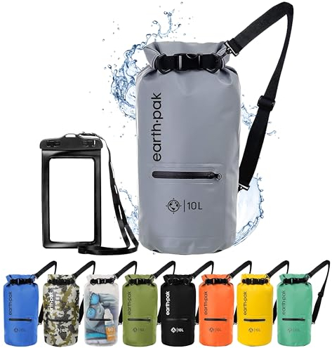 Earth Pak Dry Bag – Wasserdichter Packsack mit Reißverschluss Tasche, Schultergurt und wasserfester Handyhülle – Ideal beim Kajak Fahren, Camping, Angeln, Bootfahren und Rafting (Grau, 5L)