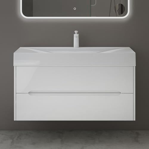 Mai & Mai Badezimmermöbel Waschbeckenunterschrank mit Softclose Schubladen inkl. Mineralguss Waschbecken 100cm in Weiß Badmöbel-Set Yoga