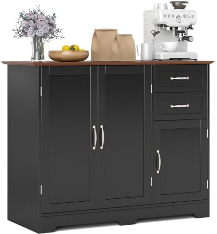 TANGZON Sideboard Storage Cabinet, Wooden Kitchen Cupboard with 3 Doors, 2 Drawers & Adjustable Shelf, Buffet Cabinet Organiser for Dining Living Room (100 x 40 x 78cm, Black + Brown)