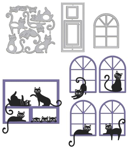 GLOBLELAND Katzen-Fenster-Stanzformen Für Die Kartenherstellung, Metall-Katzen-Fensterrahmen-Stanzformen, Prägeschablonen, Stanzschablonen, Vorlage Für Scrapbooking, Papierdekoration