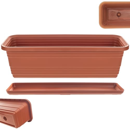 KADAX Jardinière avec soucoupe, avec ou sans supports de jardinière, pot de balcon en plastique, bac à plantes, jardinière de balustrade, pot de fleurs (rouge brique, 50 cm), K9995