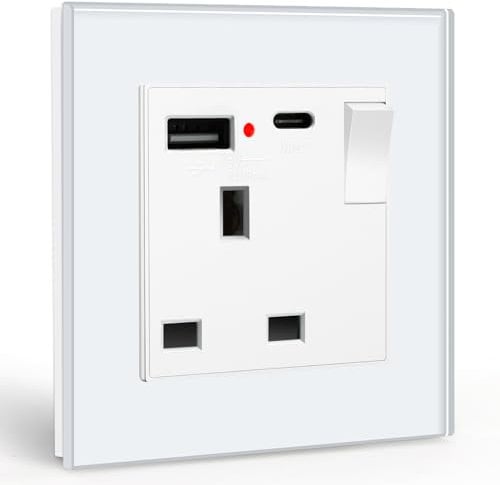 BSEED Single Switched Socket with USB C and USB A Charging Ports, UK Standard Electric Power Sockets with Glass Panel, 1 Gang Wall 13A Socket, White
