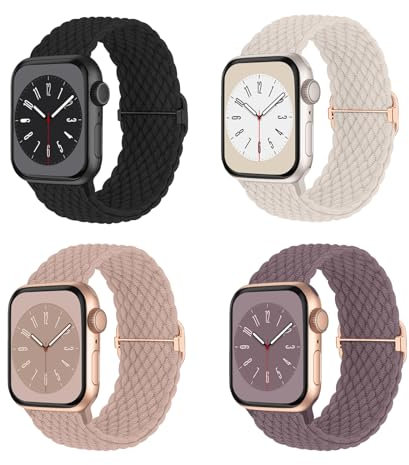 Uluck 4 Stück Geflochten Band Kompatibel mit Apple Watch 42mm 41mm 40mm 38mm Damen Herren, Elastisches Nylon Armbänder mit iWatch Series 10 9 8 7 6 5 4 3 2 SE, Hautfreundlich, Atmungsaktiv, Weich