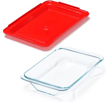 NUTRIUPS 0.8L Glass Baking Dish, 24x15.6x4.2cm Small Oven Dish with Plastic Lid, Diamond Shape, Borosilicate Glass Individual Lasagne Dish