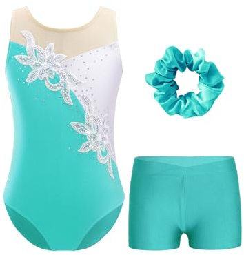 FEESHOW Kinder Turnanzug Mädchen Mit Kurzer Hose Ärmellose Glitzer Pailletten Strass Turntrikot Gymnastik Body Shorts Haargummi Set