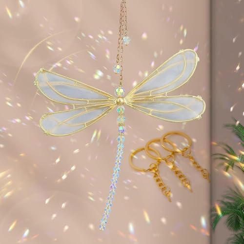 Suncatcher Fensterdeko Kristalle SonnenfäNger Fenster Prisma Kristall Deko Regenbogen Glas Kristalle Zum AufhäNgen SonnenfäNger Garten(Libelle),mit 1 Schlüsselanhänger