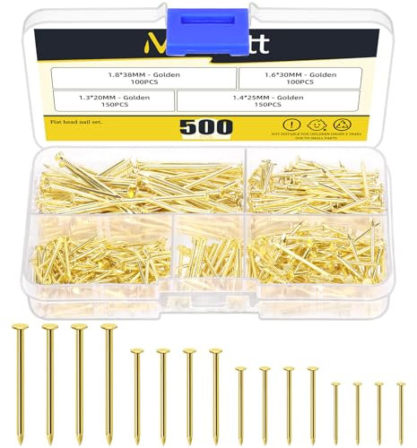 Mardatt 500 Stück 4 Größen Hardware Nägel Sortiment Kit, Nägel für hängende Bilder, kleine Nägel, Finishing Nägel, hängende Nägel, Holznägel, Pin-Nägel, Wand-Nägel zum Aufhängen (Golden)