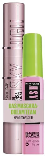 MAYBELLINE Mascara-Set: Schwarze Wimperntusche für extrem lange Wimpern, Lash Sensational Sky High Mascara Very Black 7,2 ml + Maybelline New York Great Lash Blackest Black 12,5 ml