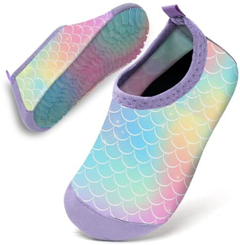 Water Shoes Toddler Kids Baby Infant Girls Beach Shoes Swim Shoes Barefoot Aqua Socks Non-Slip for Swmming Pool Water Park(Rainbow Mermaid,30/31)