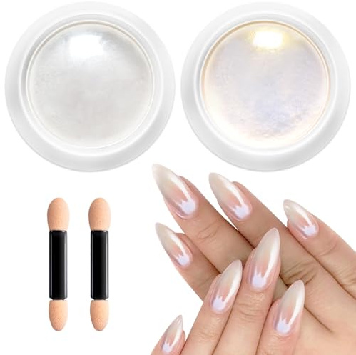 2 Schachteln Chrome Nail Powder BISHENGYF - Transparent Aurora Ice Shimmer Weiße Perle Chrom Nagelpuder Glazed Donut Chrome Puder NäGel Chrome Pigment Pulver für Nägel DIY-Salon