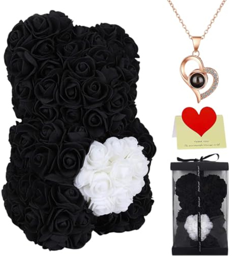 Rose Bear with Bouquet and Gift Box, 10 Inch Artificial Flower Teddy Bear, Romantic Anniversary, Christmas, Wedding and Birthday Gift (Black)