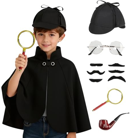 maxToonrain Set di costumi da detective, costume di Halloween, mantello vittoriano, mantello, cappello da cacciatore di cervi, lente d'ingrandimento, barba finta, per ragazzi/ragazze (nero, 6 pezzi