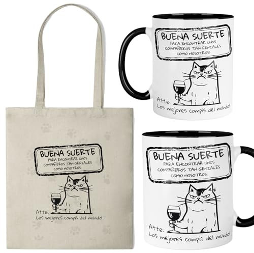 Kembilove® Pack taza y bolsa personalizada compañeros | Regalo divertido y emotivo para despedida de trabajo | Diseño original con mensaje de buena suerte | Detalle gracioso para colegas de oficina