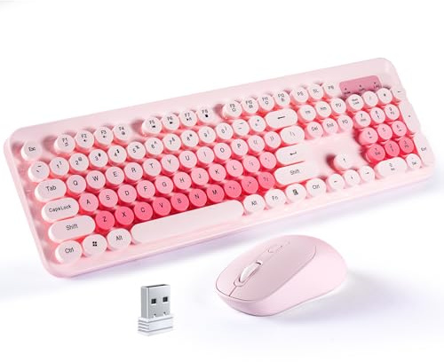 SOPPY Wireless Keyboard and Mouse Combo, 2.4GHz Retro Typewriter Keyboard, Round Keycaps, Full-Size Ergonomic, USB Receiver Plug and Play, Compatible with PC/Desktop/Laptop/Windows, US Layout, Pink