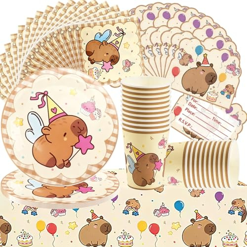 71PCS Vajilla Cumpleaños Capybara, Juego Vajilla The Capybara,Reutilizable Juego de Vajilla de Fiesta,Suministros de Cumpleaños Incluye Vasos Platos Mantel Servilletas Tarjeta de invitación