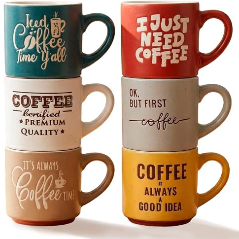 Set de 6 Tazas de Café de Cerámica con Frases Divertidas – Tazas Apilables para Espresso, Café con Leche o Americano – Aptas para Microondas y Lavavajillas – Caja Regalo con 6 x (Lungo / Con Leche)