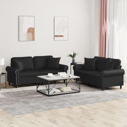 Basinlix 2-TLG. Soffset med kudde svart konstläder, moderna stoppade möbler för vardagsrum, mysig hörnsoffa, hållbar design, perfekt för att sitta läsning och titta på TV