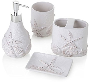 Set da Bagno in Ceramica Composto da 4 Pezzi Decorazione Conchiglie