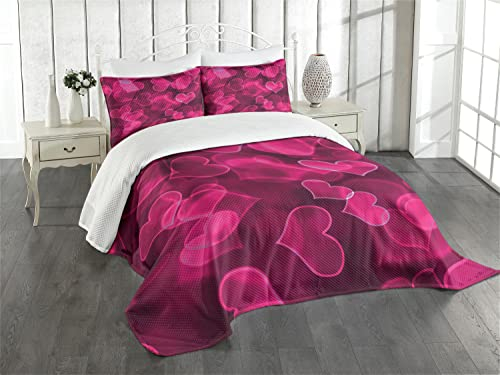 ABAKUHAUS Hot Pink Tagesdecke Set, Nettes Herz Verschwommen, Set mit Kissenbezügen Kein verblassen, für Doppelbetten 220 x 220 cm, Magenta Hot Pink