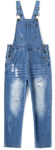 KIDSCOOL SPACE Salopette di jeans per bambina, abbigliamento da lavoro in jeans strappati da bambino grande, Azzurro, 5-6 anni