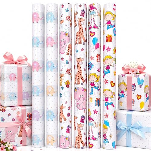 Kinder Geschenkpapier Set – 12 Rollen 69 cm x 1 m – Mädchen Motive mit Elefanten, Giraffen & Party Designs – Für Kindergeburtstag, Baby Shower & Taufe