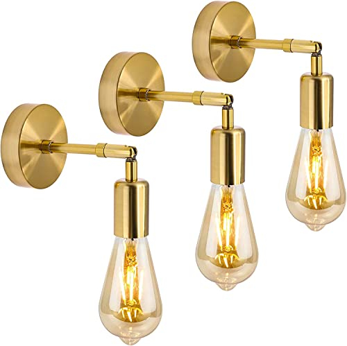 Biqing Vintage Wandleuchten, Industrielle Retro Wandleuchten mit verstellbarem Winkel E27 Innen Wandlampe für Schlafzimmer Wohnzimmer Badezimmer, 3 Stück-Gold