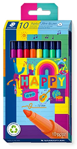 STAEDTLER Fasermaler triplus Happy, ergonomischer Dreikantschaft, Linienbreite 1,0 mm, lange Lebensdauer, 10 fibre-tip pens in sortierten Happy Farben im Kartonetui, 323 C10 HA