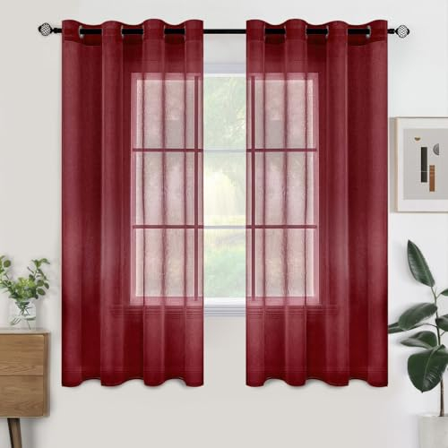 Woaboy Voile Gardinen Kurz Vorhänge Transparent Wohnzimmer mit Ösen Stores Gardinen Schlafzimmer Ösenvorhang Scheibengardine Schlaufengardinen Modern 2er Set 140x175 cm (B x H) Wein Rot