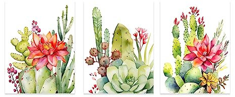 CCWACPP quadro cactus Cactus succulento su tela Manifesto della pianta verde Acquerello Piante Fiore di cactus tela da parete non incorniciato 30x40cm x 3