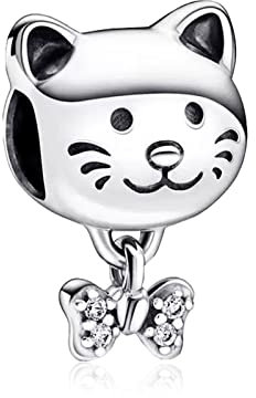 Annmors Pet Cat & Bow Charm-Anhänger 925 Sterling Silver Bead with Cubic Zirconia for Animal Lovers,Halloween Geburtstag Weihnachten Schmuck Geschenk für Mädchen