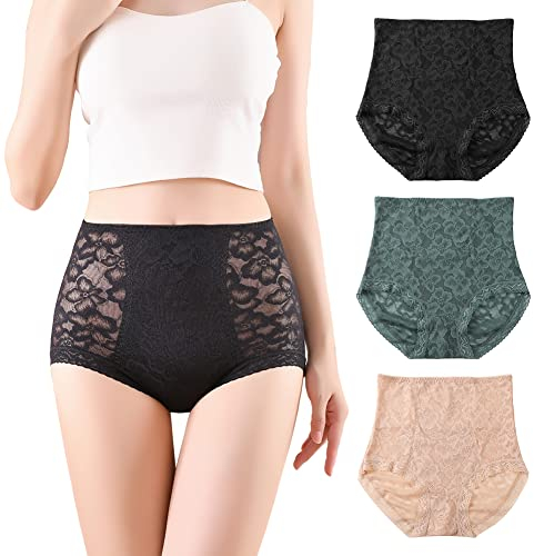 BLKDOTS Damen Komfort High Waisted Spitze Shapewear Slips, Bauch, Taille & hinten Feste Kontrolle Unterwäsche für Damen, Spitze Gürtel Höschen No Show, 3er Pack